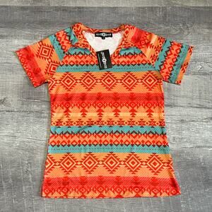 Howdy Crowd Womens S NEW Stockyards Sunset Top Short Sleeve Aztec Southwestern